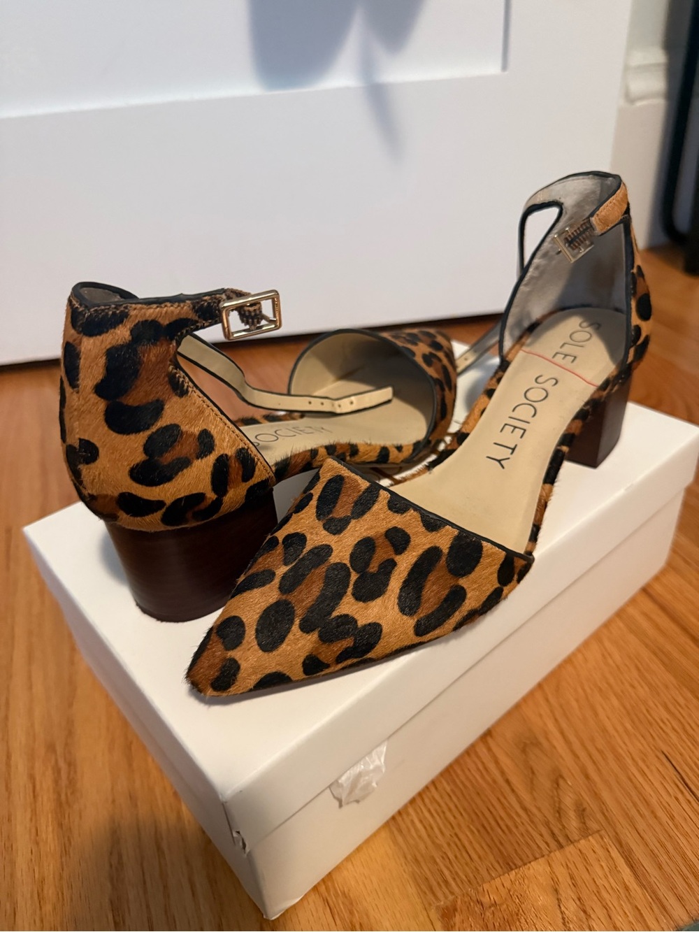 Sole Society Leopard Print Pointed D'Orsay Block Heel (Tan/Black)